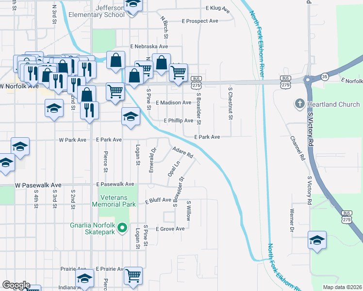 map of restaurants, bars, coffee shops, grocery stores, and more near 501-599 Adare Road in Norfolk