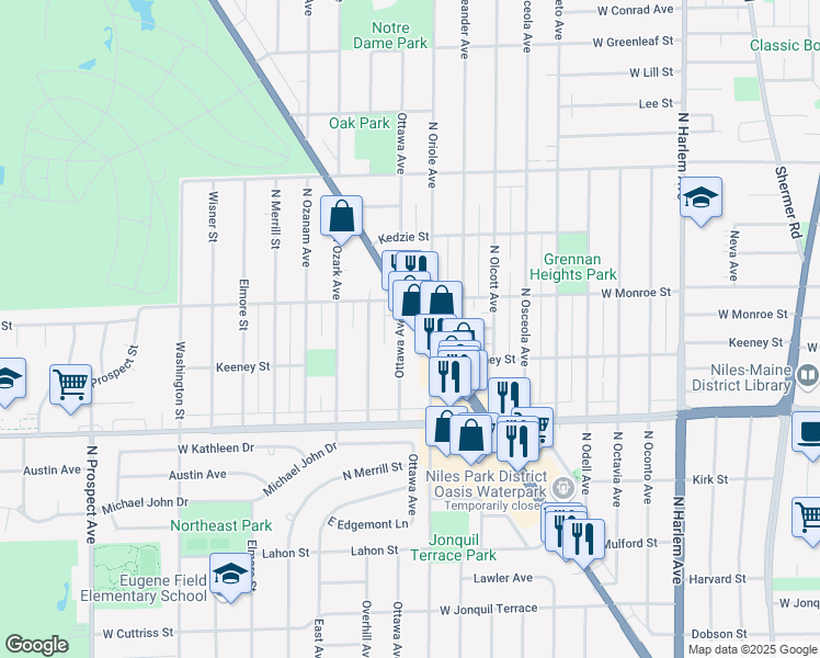 map of restaurants, bars, coffee shops, grocery stores, and more near 8122 Ottawa Avenue in Niles