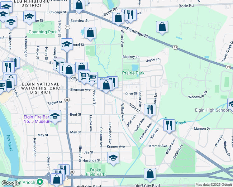 map of restaurants, bars, coffee shops, grocery stores, and more near 788 Villa Street in Elgin