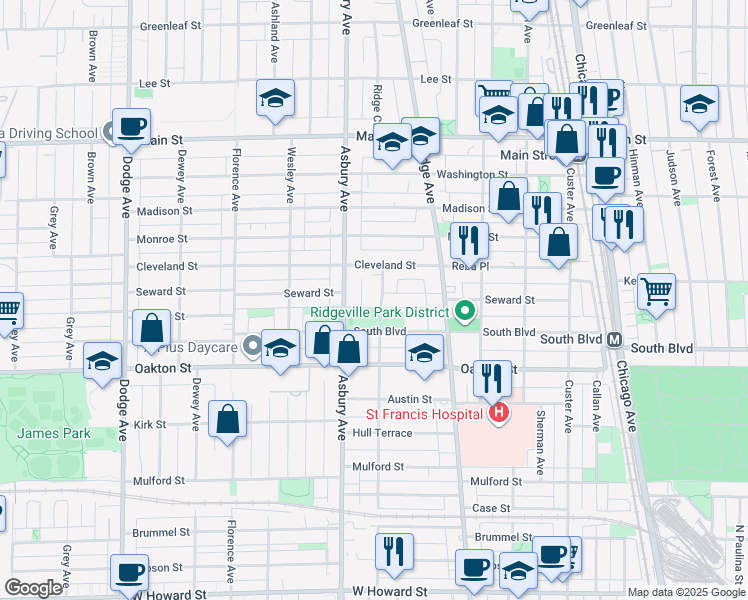 map of restaurants, bars, coffee shops, grocery stores, and more near 555 Barton Avenue in Evanston