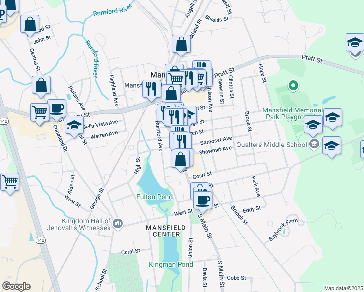 map of restaurants, bars, coffee shops, grocery stores, and more near 12 High Street in Mansfield