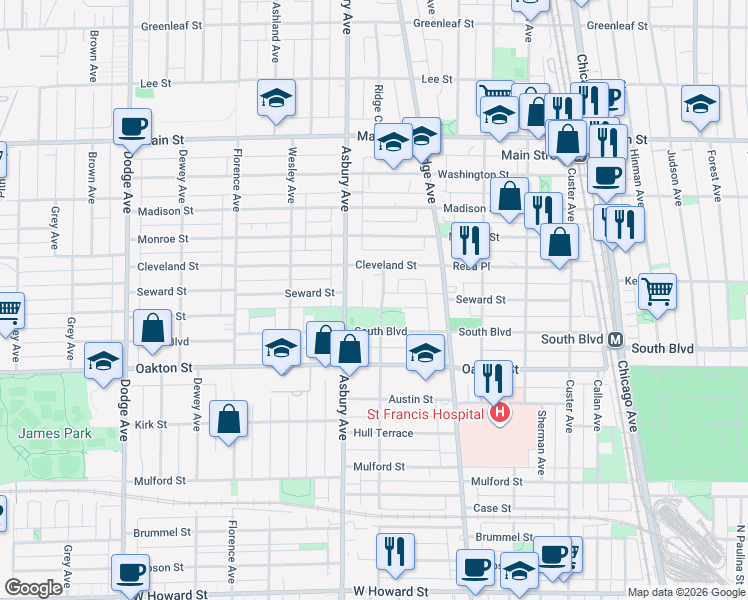 map of restaurants, bars, coffee shops, grocery stores, and more near 555 Barton Avenue in Evanston