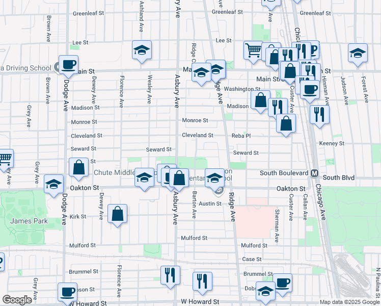 map of restaurants, bars, coffee shops, grocery stores, and more near 555 Barton Avenue in Evanston