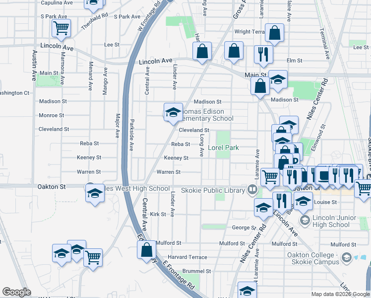 map of restaurants, bars, coffee shops, grocery stores, and more near 5430 Keeney Street in Morton Grove