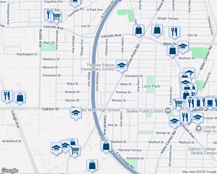map of restaurants, bars, coffee shops, grocery stores, and more near 8105 Central Avenue in Morton Grove