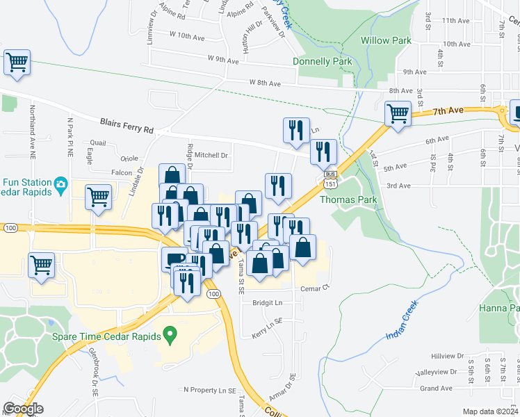 map of restaurants, bars, coffee shops, grocery stores, and more near 590 Marion Boulevard in Marion