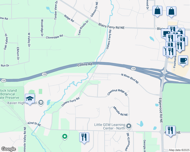 map of restaurants, bars, coffee shops, grocery stores, and more near 4982 Ushers Ferry Road in Cedar Rapids
