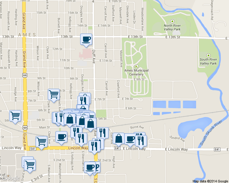 map of restaurants, bars, coffee shops, grocery stores, and more near 713 Crawford Avenue in Ames