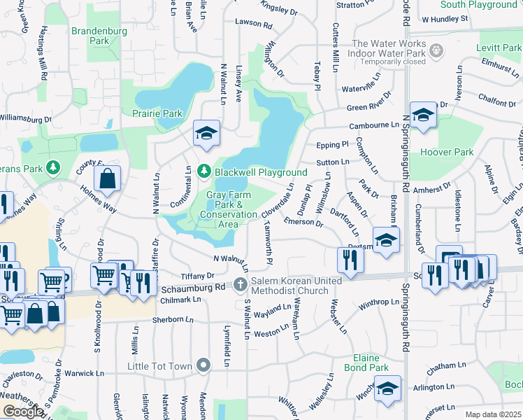 map of restaurants, bars, coffee shops, grocery stores, and more near 120 Cloverdale Lane in Schaumburg