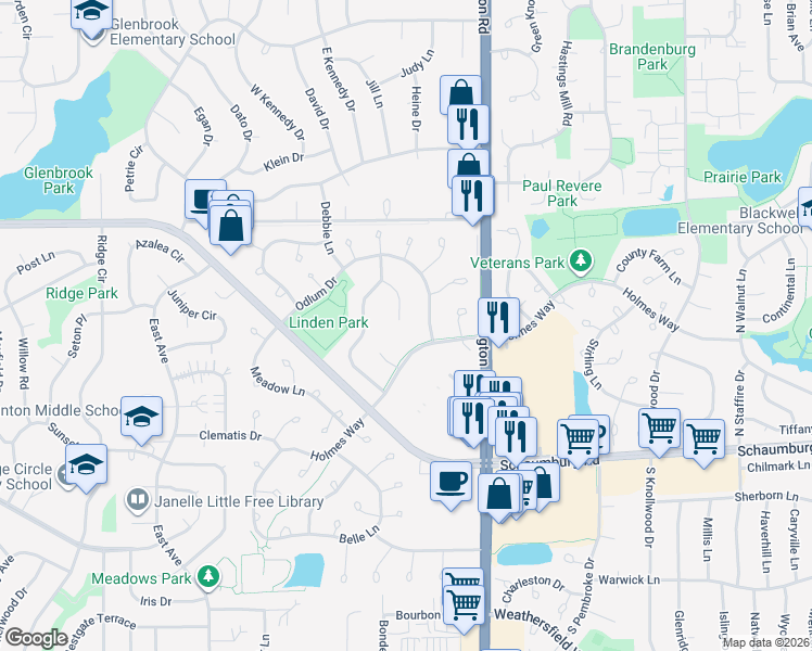 map of restaurants, bars, coffee shops, grocery stores, and more near 2702 Holmes Way in Schaumburg