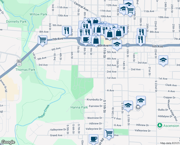 map of restaurants, bars, coffee shops, grocery stores, and more near 889 2nd Avenue in Marion