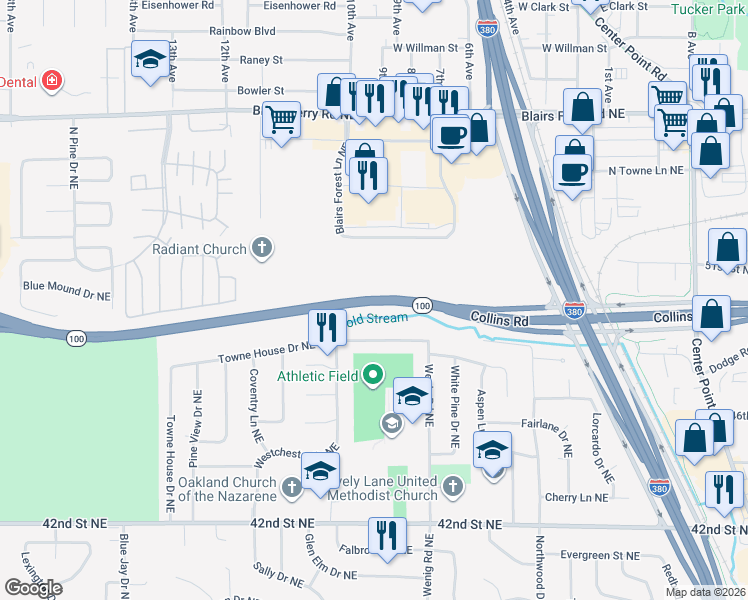 map of restaurants, bars, coffee shops, grocery stores, and more near Collins Rd in Cedar Rapids