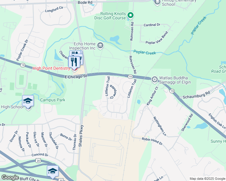 map of restaurants, bars, coffee shops, grocery stores, and more near 1501 Keystone Court in Elgin