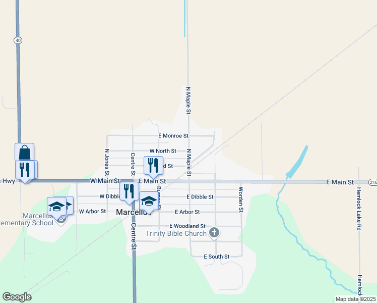 map of restaurants, bars, coffee shops, grocery stores, and more near 299 North Maple Street in Marcellus