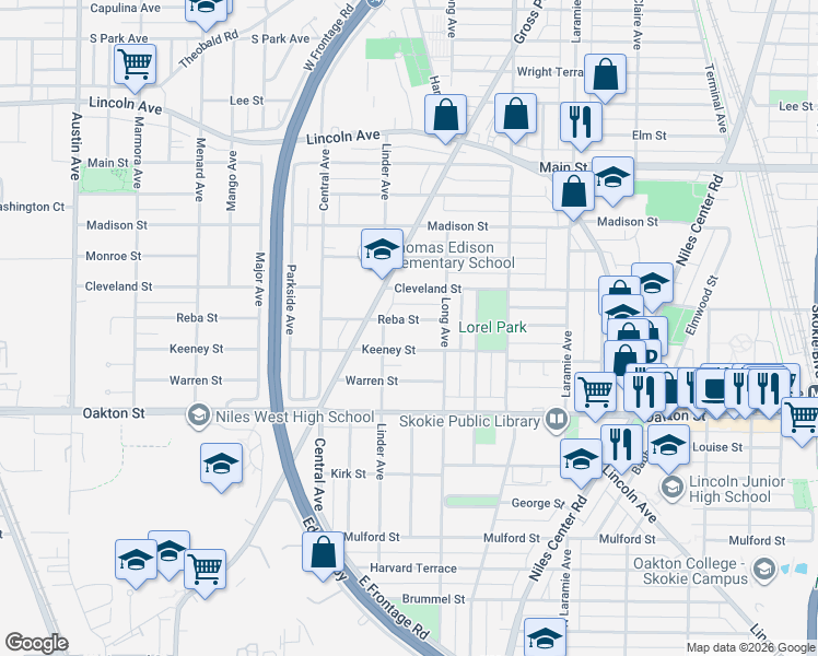 map of restaurants, bars, coffee shops, grocery stores, and more near 5430 Keeney Street in Morton Grove