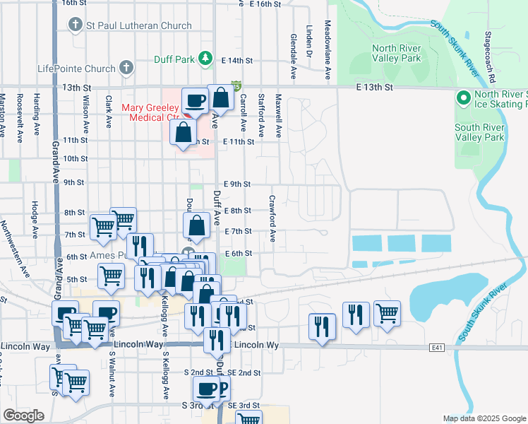 map of restaurants, bars, coffee shops, grocery stores, and more near 713 Crawford Avenue in Ames