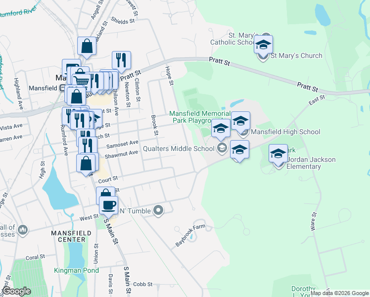 map of restaurants, bars, coffee shops, grocery stores, and more near 38 Hope Street in Mansfield