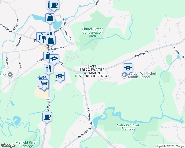 map of restaurants, bars, coffee shops, grocery stores, and more near 293 Central Street in East Bridgewater