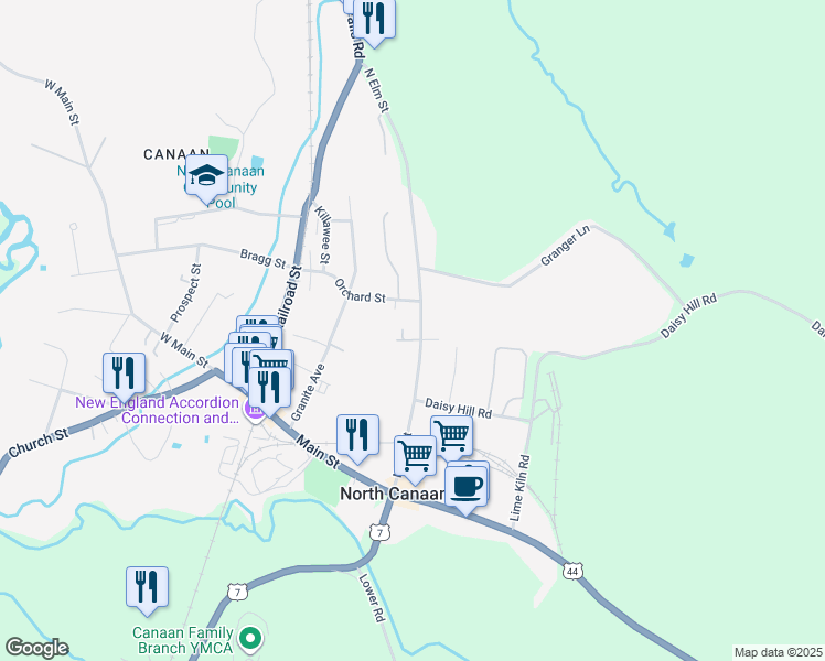 map of restaurants, bars, coffee shops, grocery stores, and more near 111 North Elm Street in Canaan