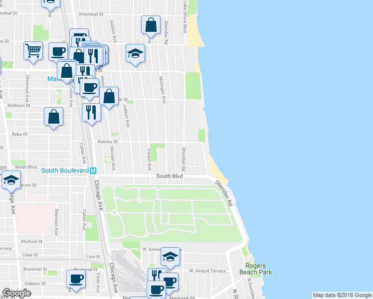 map of restaurants, bars, coffee shops, grocery stores, and more near 551 Sheridan Road in Evanston