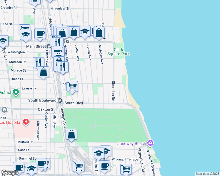 map of restaurants, bars, coffee shops, grocery stores, and more near 551 Sheridan Road in Evanston