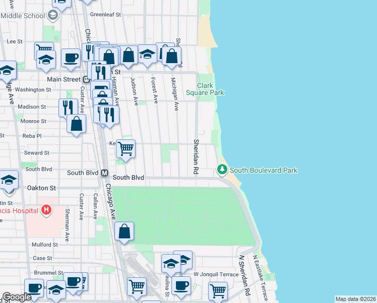 map of restaurants, bars, coffee shops, grocery stores, and more near 555 Michigan Avenue in Evanston