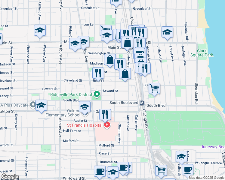 map of restaurants, bars, coffee shops, grocery stores, and more near 800 Seward Street in Evanston