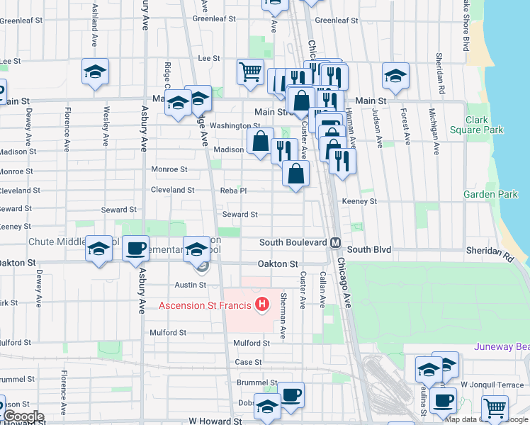 map of restaurants, bars, coffee shops, grocery stores, and more near 800 Seward Street in Evanston