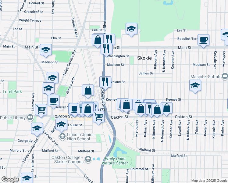 map of restaurants, bars, coffee shops, grocery stores, and more near 8112 Kilpatrick Avenue in Skokie