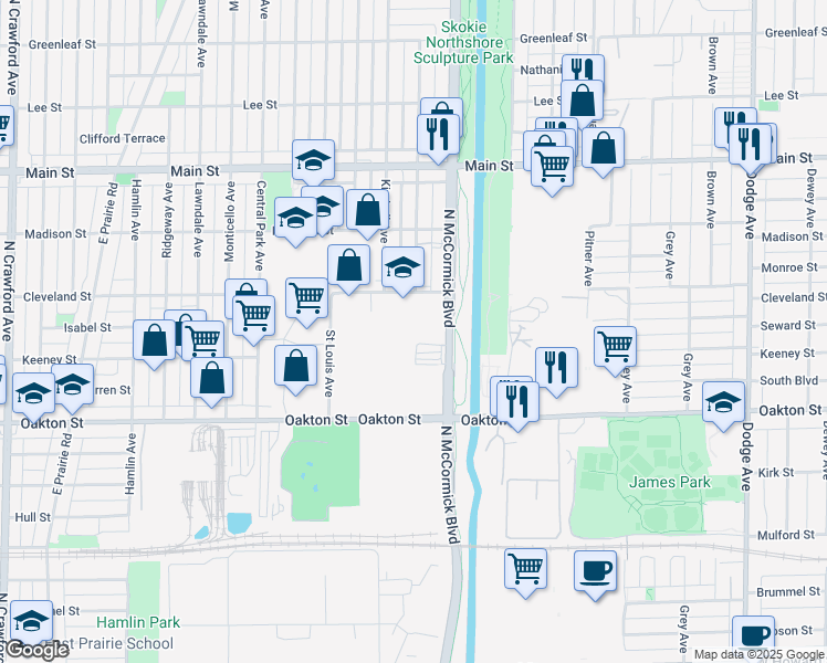 map of restaurants, bars, coffee shops, grocery stores, and more near 8080 North McCormick Boulevard in Skokie