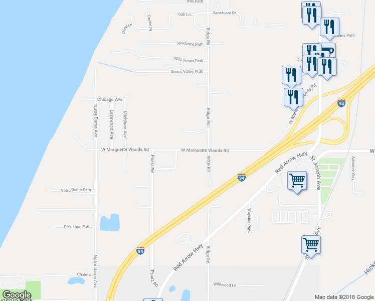 map of restaurants, bars, coffee shops, grocery stores, and more near Marquette Woods Road in Stevensville