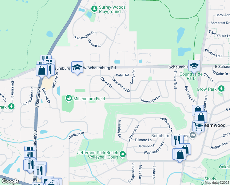 map of restaurants, bars, coffee shops, grocery stores, and more near 417 Walnut Drive in Streamwood