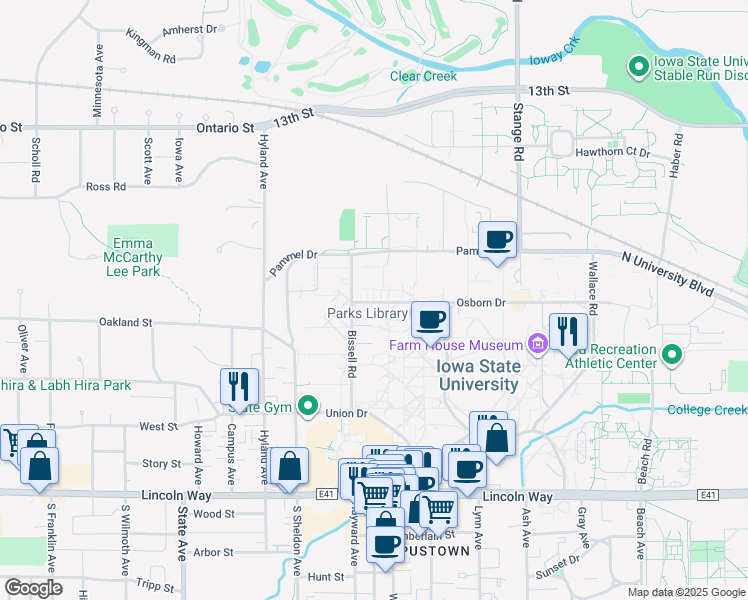 map of restaurants, bars, coffee shops, grocery stores, and more near in Ames