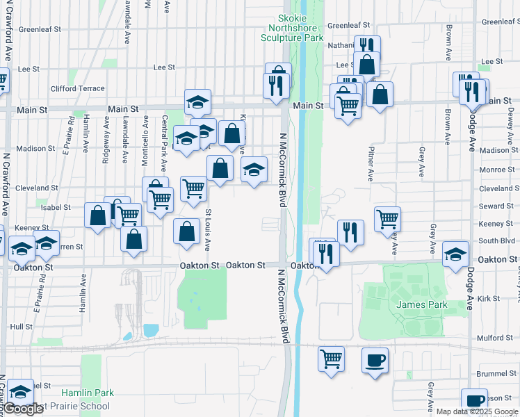 map of restaurants, bars, coffee shops, grocery stores, and more near 8080 McCormick Boulevard in Skokie