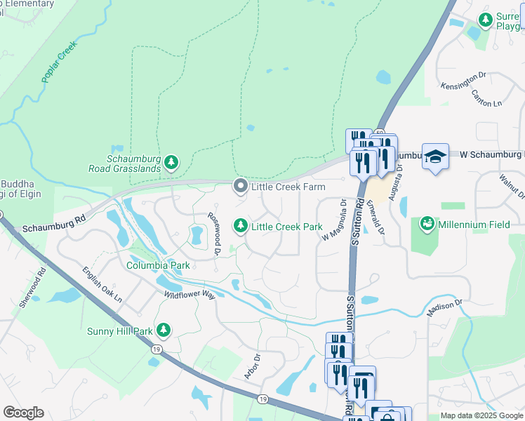 map of restaurants, bars, coffee shops, grocery stores, and more near 10 White Fence Trail in Streamwood