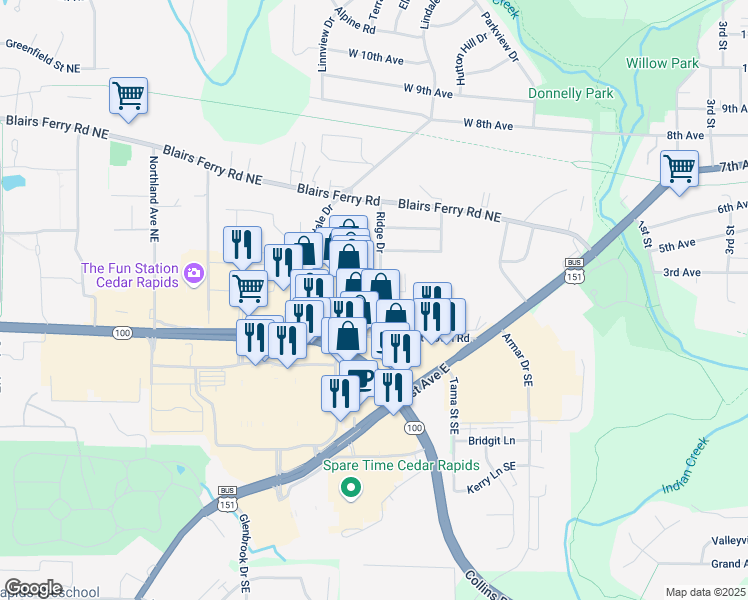 map of restaurants, bars, coffee shops, grocery stores, and more near 190 Ridge Drive in Marion