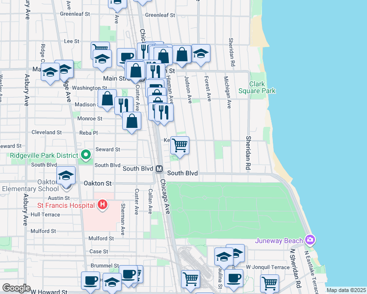 map of restaurants, bars, coffee shops, grocery stores, and more near 551 Hinman Avenue in Evanston