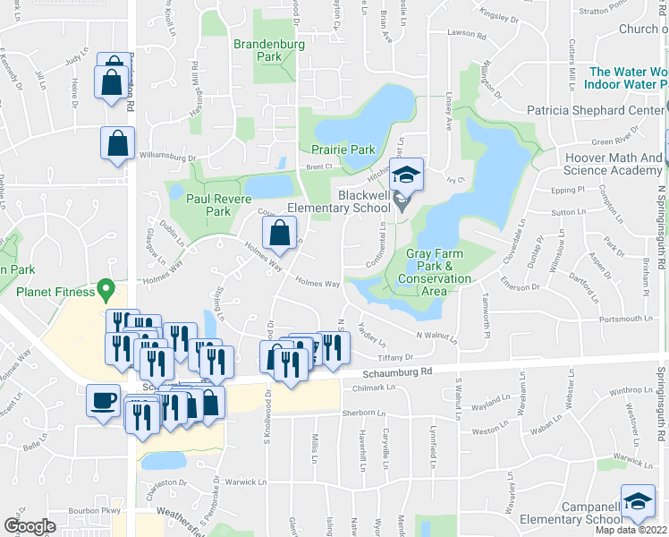 map of restaurants, bars, coffee shops, grocery stores, and more near 204 North Walnut Lane in Schaumburg