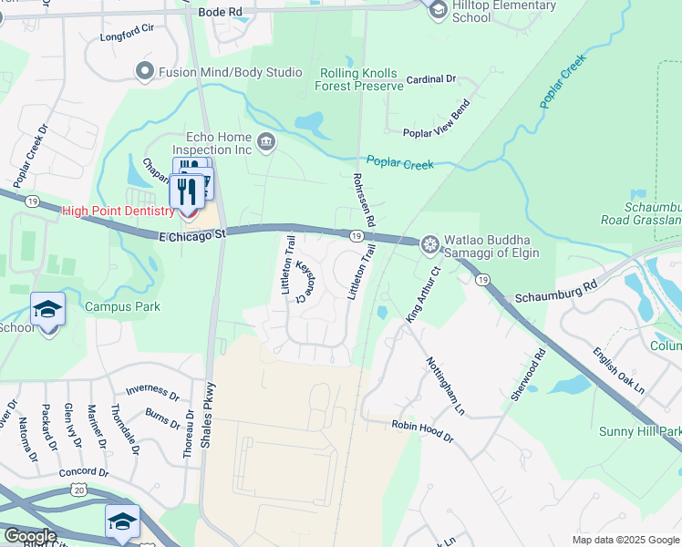 map of restaurants, bars, coffee shops, grocery stores, and more near 395 Gladstone Lane in Elgin