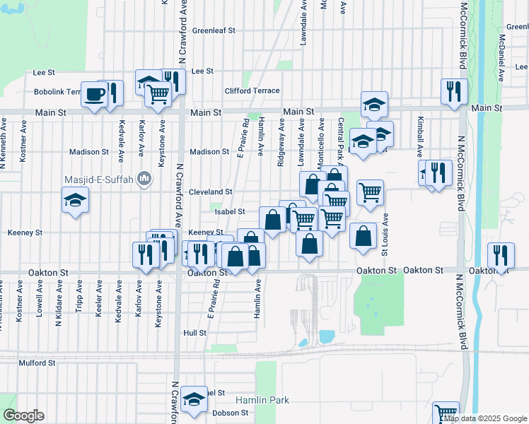 map of restaurants, bars, coffee shops, grocery stores, and more near 8129 Hamlin Avenue in Skokie