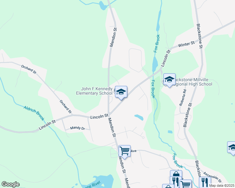 map of restaurants, bars, coffee shops, grocery stores, and more near 200 Lincoln Street in Blackstone