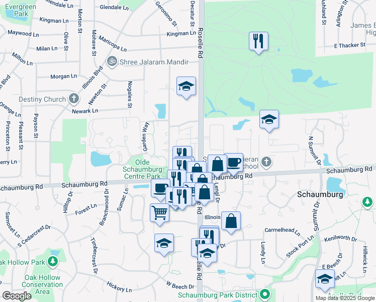map of restaurants, bars, coffee shops, grocery stores, and more near 32 Dana Catherine Street in Schaumburg