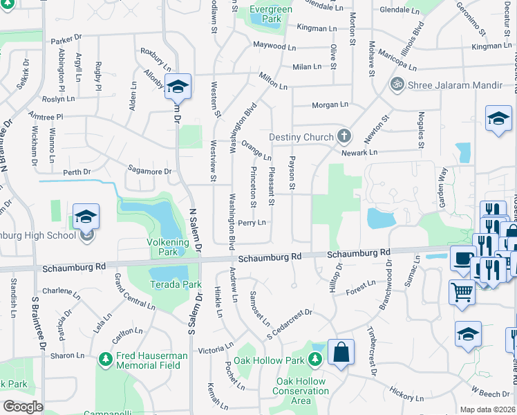 map of restaurants, bars, coffee shops, grocery stores, and more near 100 Princeton Street in Hoffman Estates