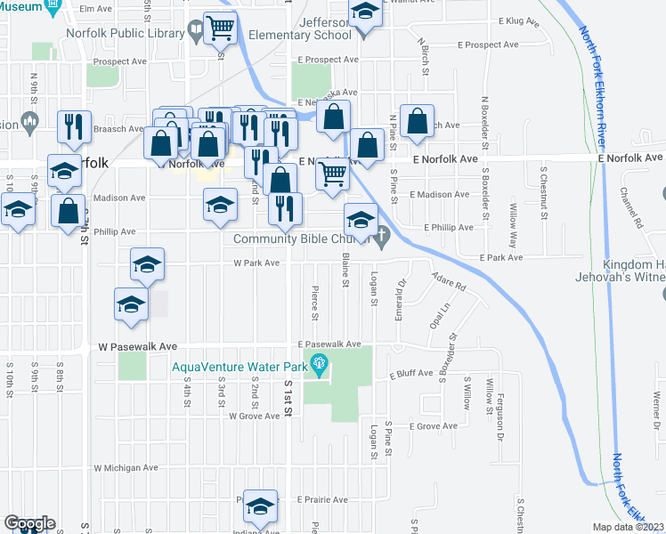 map of restaurants, bars, coffee shops, grocery stores, and more near 204 East Park Avenue in Norfolk