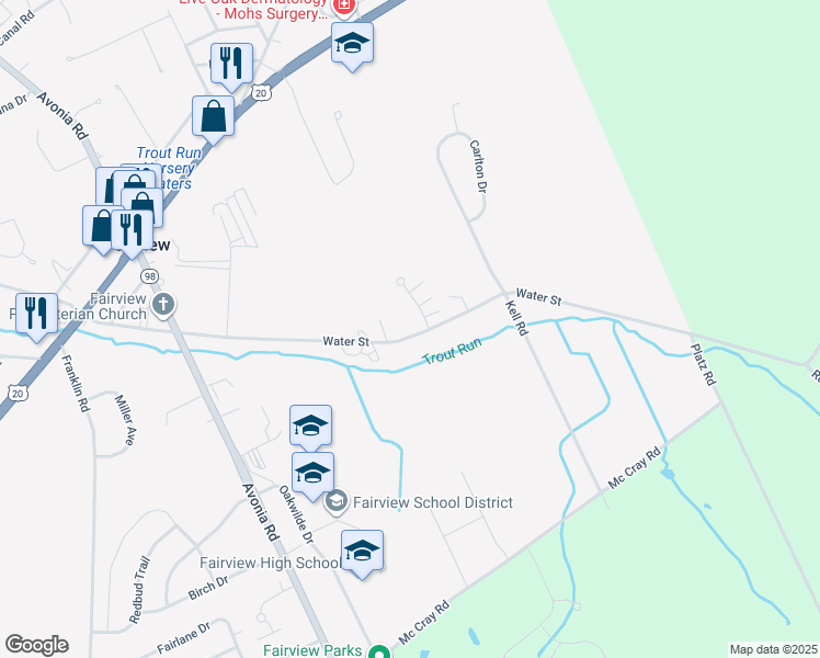 map of restaurants, bars, coffee shops, grocery stores, and more near 7374-7396 Water Street in Fairview