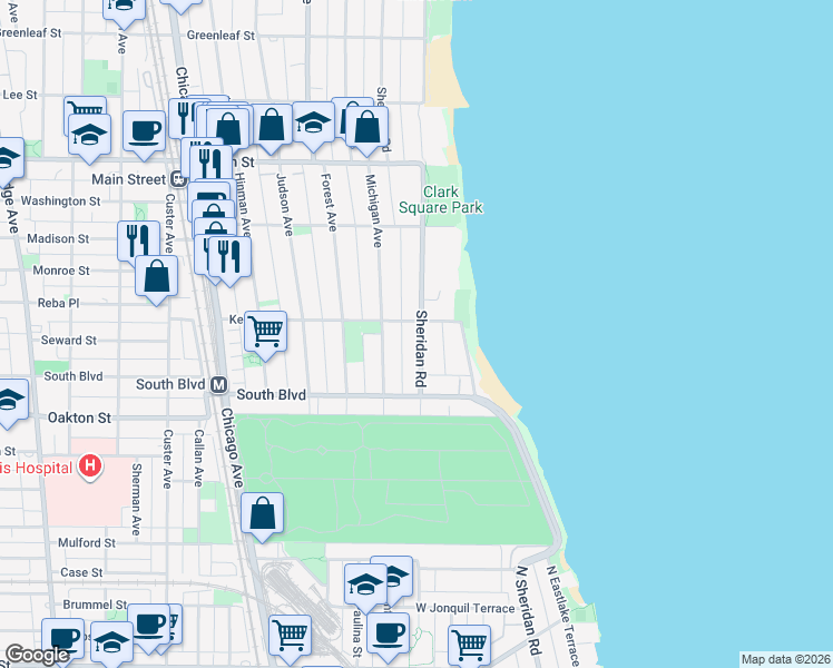 map of restaurants, bars, coffee shops, grocery stores, and more near 551 Sheridan Road in Evanston
