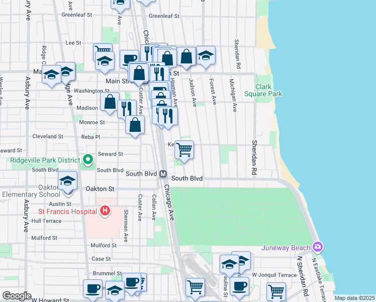 map of restaurants, bars, coffee shops, grocery stores, and more near 551 Hinman Avenue in Evanston