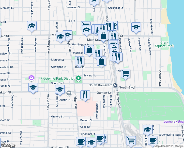 map of restaurants, bars, coffee shops, grocery stores, and more near 800 Seward Street in Evanston