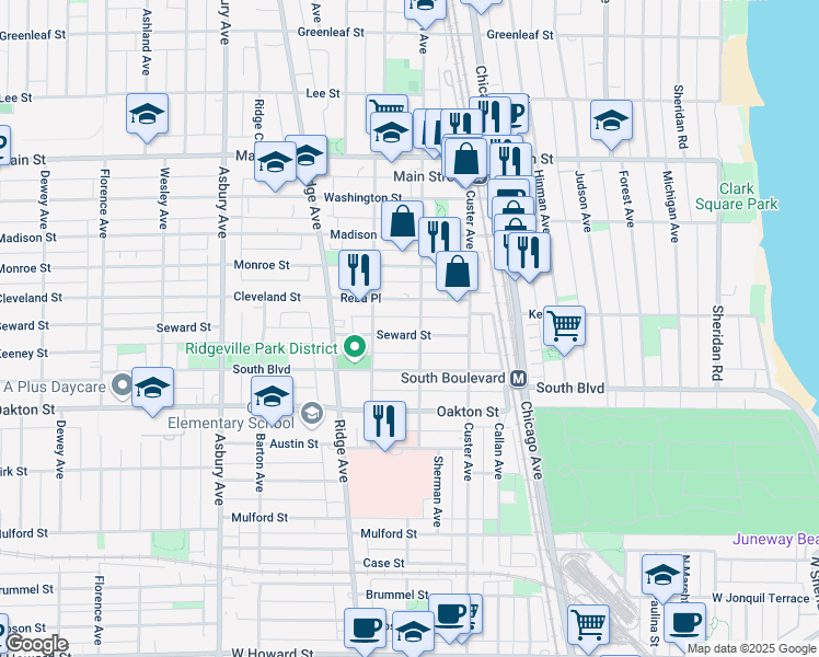 map of restaurants, bars, coffee shops, grocery stores, and more near 800 Seward Street in Evanston