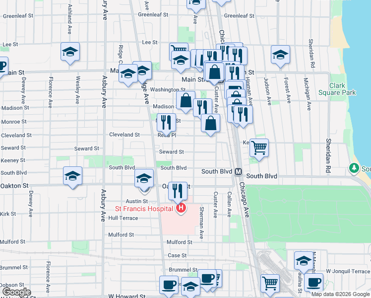 map of restaurants, bars, coffee shops, grocery stores, and more near 552 Sherman Avenue in Evanston